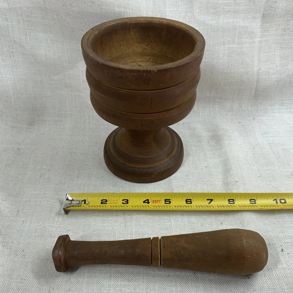 Large Vintage Wooden Mortar And Pestle Hand Turned Primitive Cottage Farmhouse